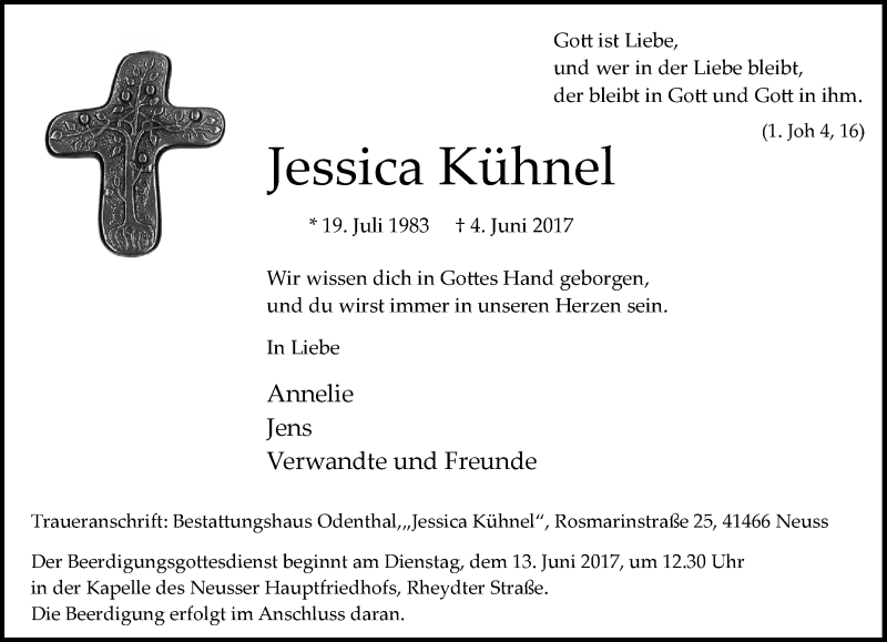  Traueranzeige für Jessica Kühnel vom 10.06.2017 aus Rheinische Post