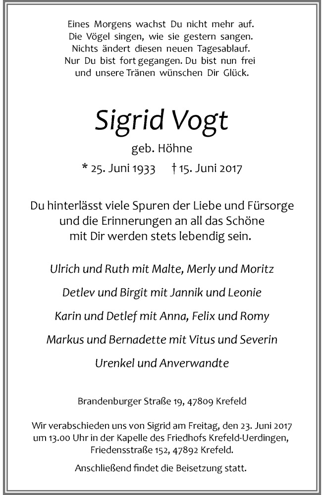  Traueranzeige für Sigrid Vogt vom 21.06.2017 aus Rheinische Post