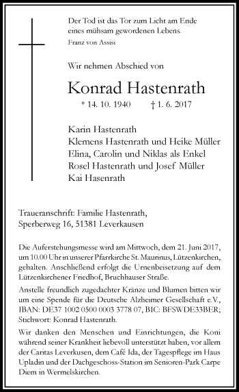 Traueranzeige von Konrad Hastenrath von Rheinische Post
