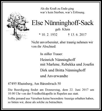 Traueranzeige von Else Nünninghoff-Sack von Rheinische Post