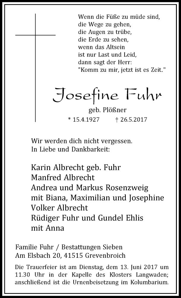  Traueranzeige für Josefine Fuhr vom 03.06.2017 aus Rheinische Post