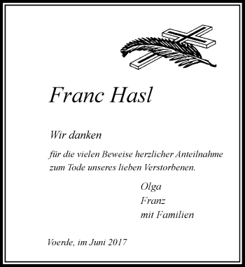 Traueranzeige von Franc Hasl von Rheinische Post