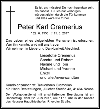 Traueranzeige von Peter Karl Cremerius von Rheinische Post