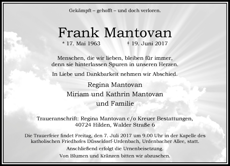  Traueranzeige für Frank Mantovan vom 24.06.2017 aus Rheinische Post