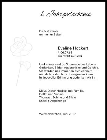 Traueranzeige von Eveline Hackert von Rheinische Post