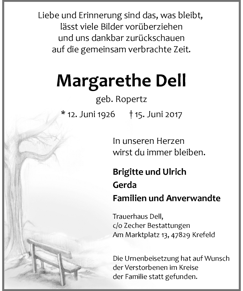  Traueranzeige für Margarethe Dell vom 24.06.2017 aus Rheinische Post