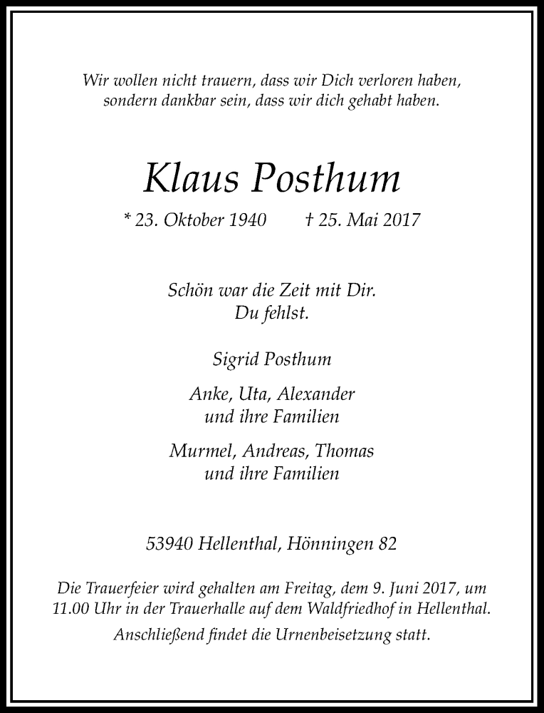 Traueranzeige für Klaus Posthum vom 03.06.2017 aus Rheinische Post