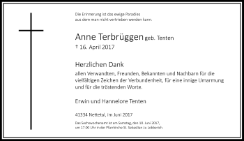 Traueranzeige von Anne Terbrüggen von Rheinische Post