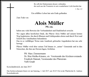 Traueranzeige von Alois Müller von Rheinische Post