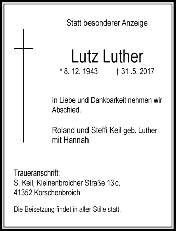 Traueranzeige von Lutz Luther von Rheinische Post