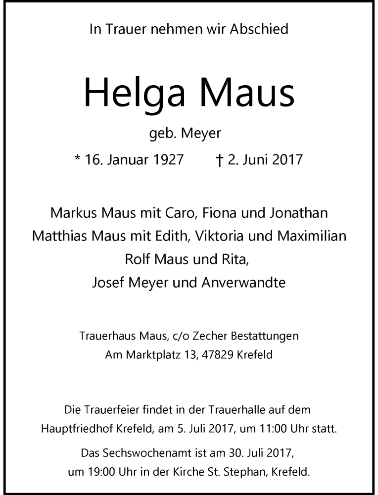  Traueranzeige für Helga Maus vom 24.06.2017 aus Rheinische Post