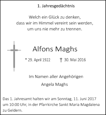 Traueranzeige von Alfons Maghs von Rheinische Post