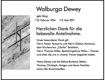 Traueranzeige von Walburga Dewey von Rheinische Post