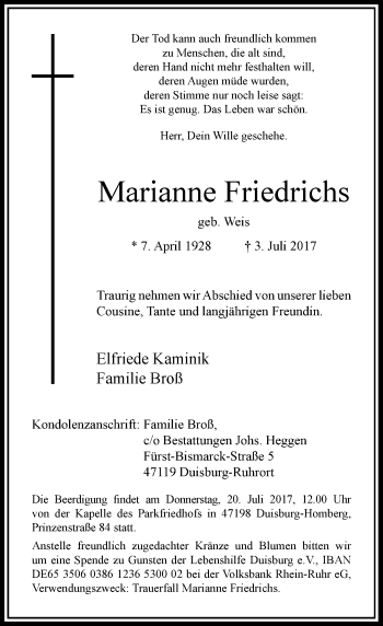 Traueranzeige von Marianne Friedrichs von Rheinische Post