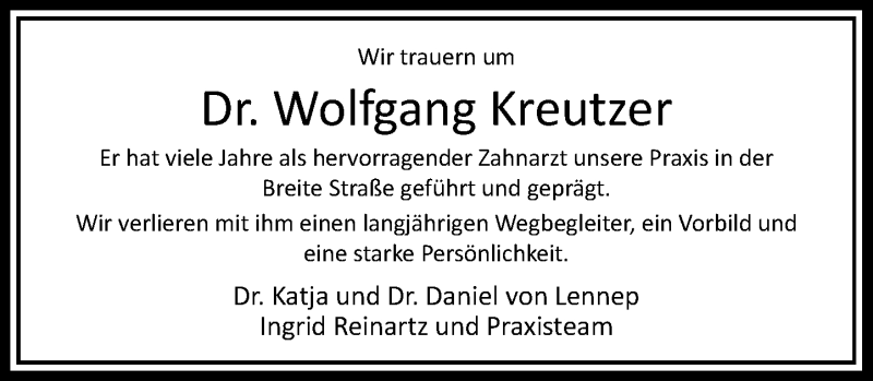  Traueranzeige für Wolfgang Kreutzer vom 08.07.2017 aus Rheinische Post