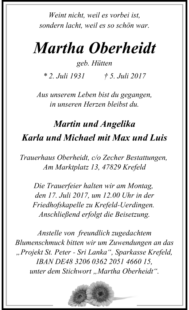  Traueranzeige für Martha Oberheidt vom 12.07.2017 aus Rheinische Post