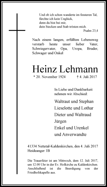 Traueranzeige von Heinz Lehmann von Rheinische Post