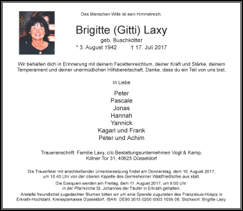 Traueranzeige von Brigitte Laxy von Rheinische Post