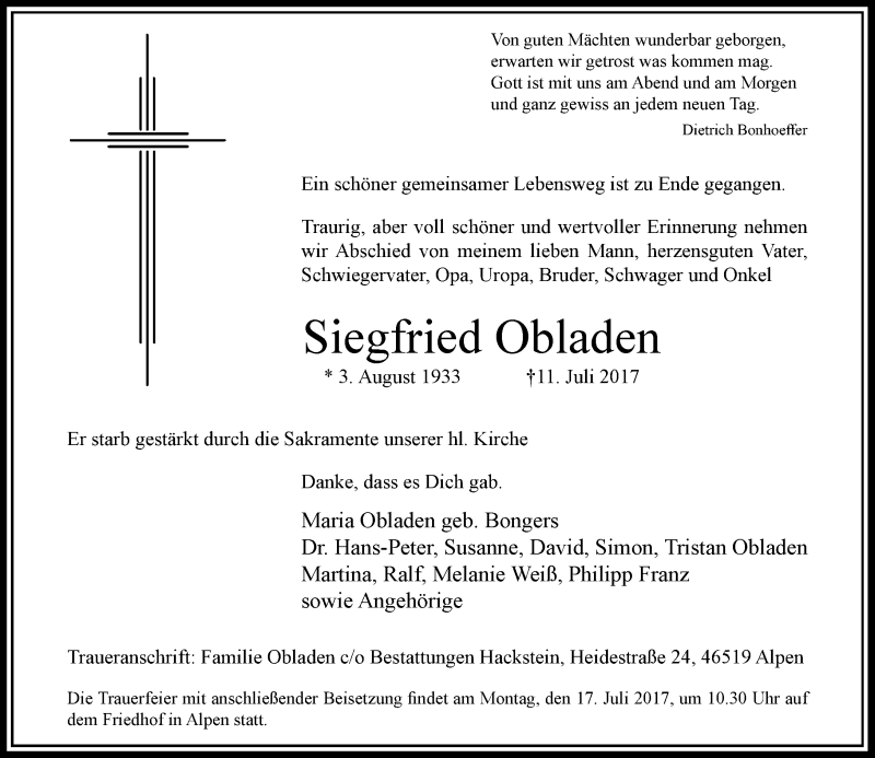  Traueranzeige für Siegfried Obladen vom 13.07.2017 aus Rheinische Post