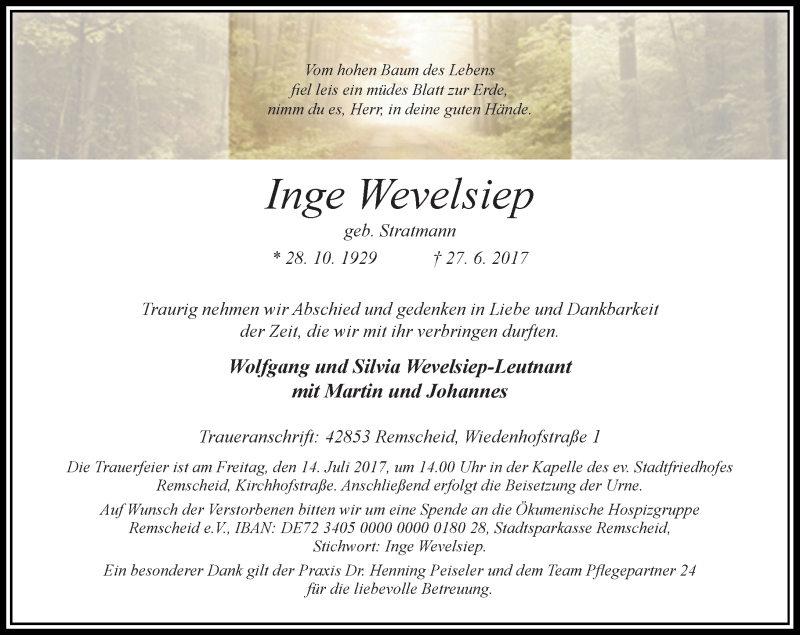  Traueranzeige für Inge Wevelsiep vom 05.07.2017 aus Rheinische Post