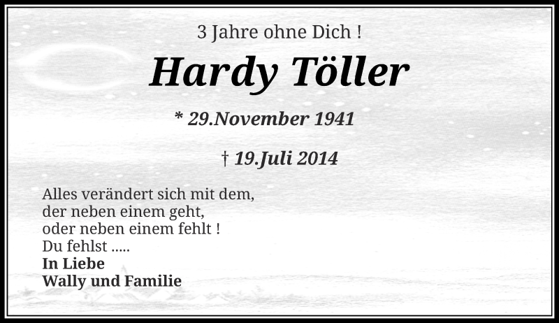  Traueranzeige für Hardy Töller vom 22.07.2017 aus Rheinische Post