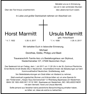 Traueranzeige von Horst und Ursula Marmitt von Rheinische Post