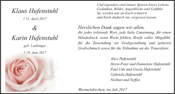 Traueranzeige von Klaus und Karin Hufenstuhl von Rheinische Post