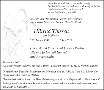 Traueranzeige von Hiltrud Thissen von Rheinische Post