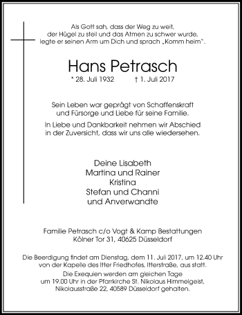 Traueranzeige von Hans Petrasch von Rheinische Post