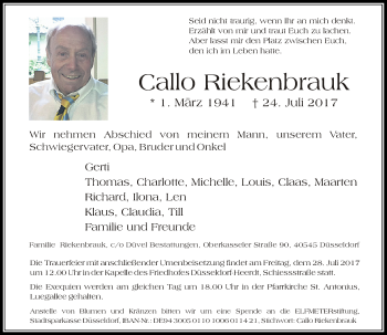 Traueranzeige von Callo Riekenbrauk von Rheinische Post