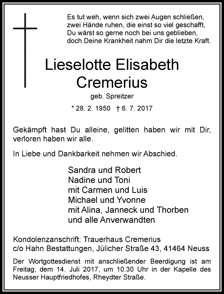  Traueranzeige für Lieselotte Elisabeth Cremerius vom 12.07.2017 aus Rheinische Post