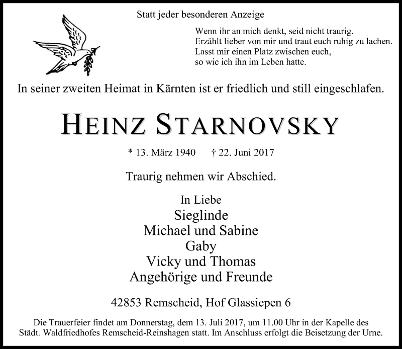  Traueranzeige für Heinz Starnovsky vom 07.07.2017 aus Rheinische Post