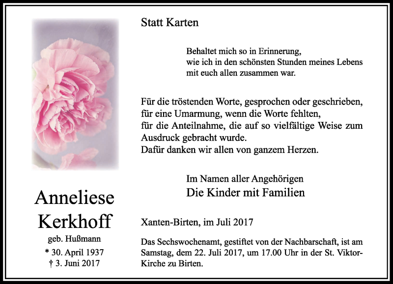  Traueranzeige für Anneliese Kerkhoff vom 15.07.2017 aus Rheinische Post