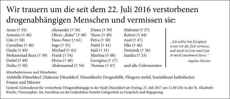  Traueranzeige für Wir trauern verstorbenen drogenabhängigen Menschen vom 15.07.2017 aus Rheinische Post
