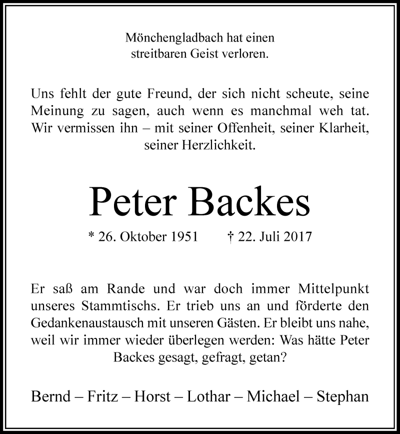  Traueranzeige für Peter Backes vom 26.07.2017 aus Rheinische Post