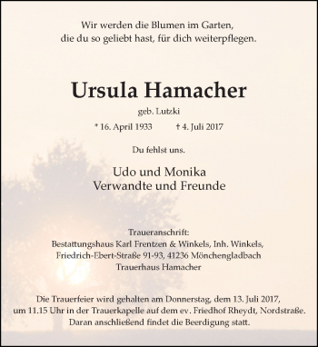 Traueranzeige von Ursula Hamacher von Rheinische Post