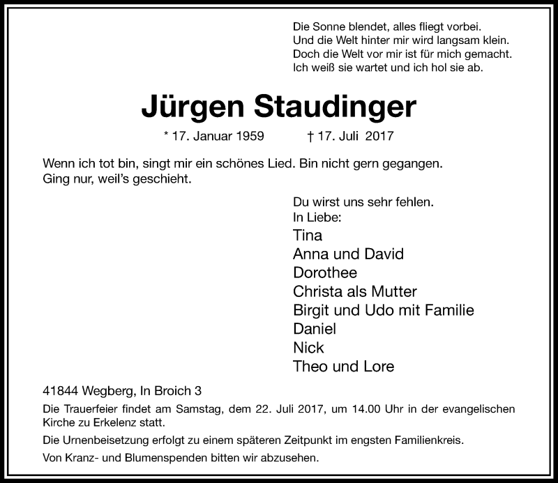  Traueranzeige für Jürgen Staudinger vom 20.07.2017 aus Rheinische Post