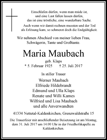 Traueranzeige von Maria Maubach von Rheinische Post