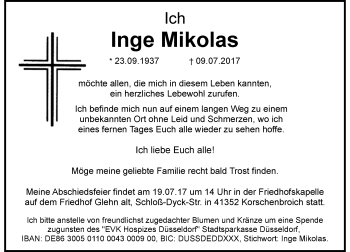 Traueranzeige von Inge Mikolas von Rheinische Post