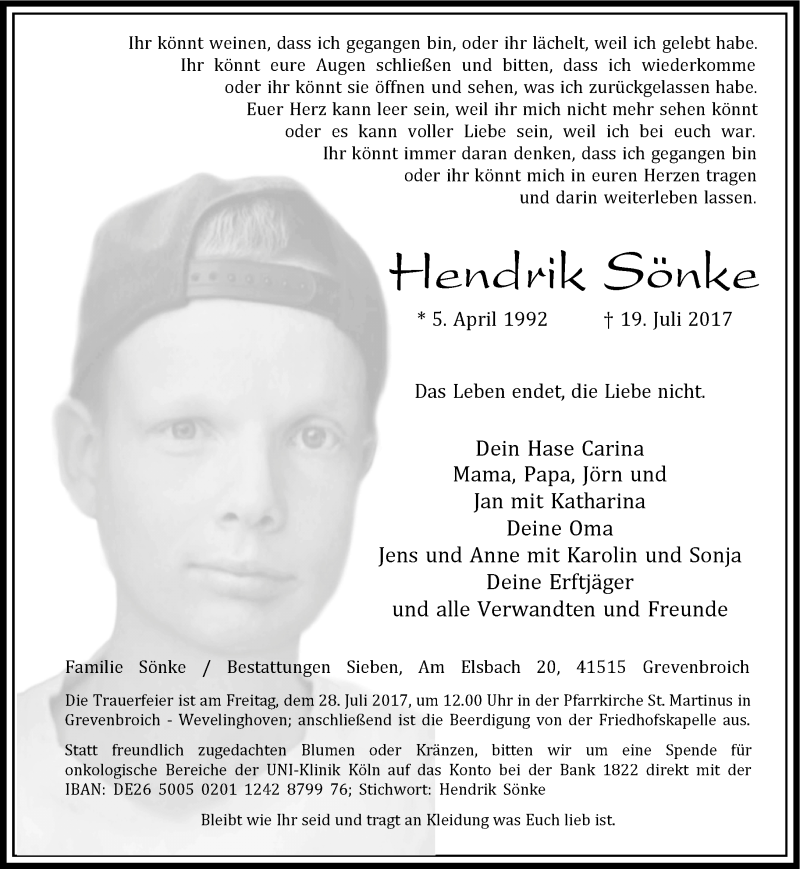  Traueranzeige für Hendrik Sönke  vom 22.07.2017 aus Rheinische Post