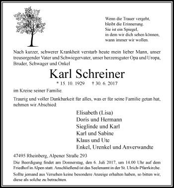Traueranzeige von Karl Schreiner von Rheinische Post