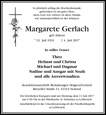 Traueranzeige von Margarete Gerlach von Rheinische Post