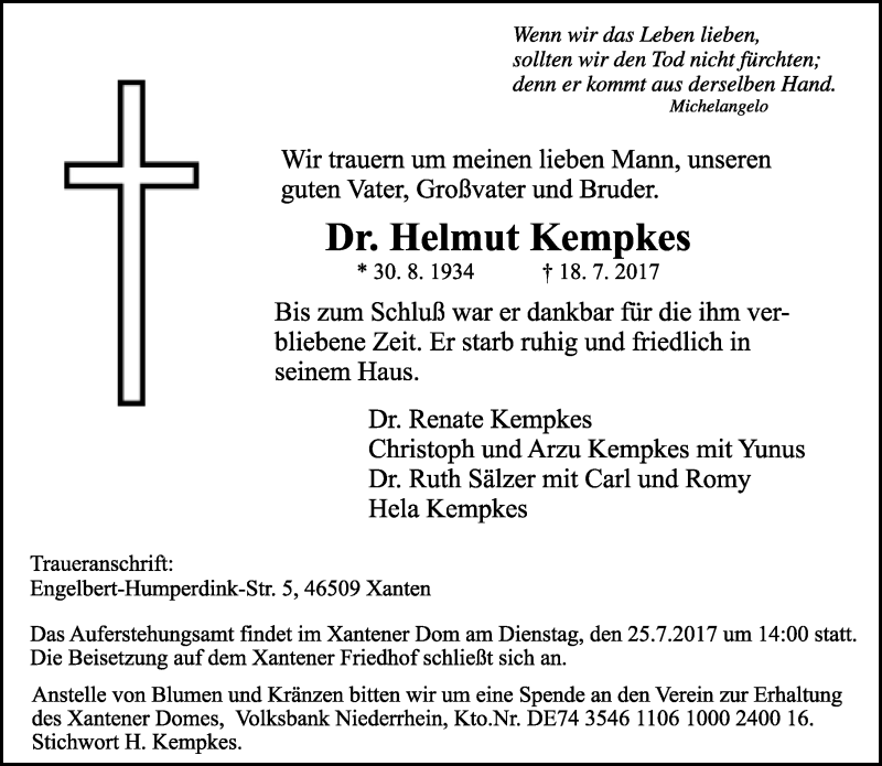  Traueranzeige für Helmut Kempkes vom 21.07.2017 aus Rheinische Post