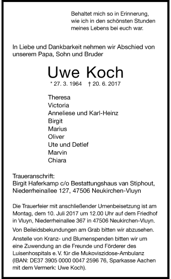 Traueranzeige von Uwe Koch von Rheinische Post