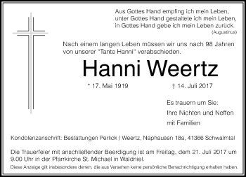 Traueranzeige von Hanni Weertz von Rheinische Post