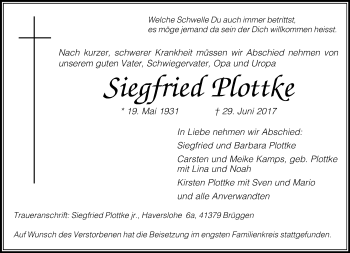 Traueranzeige von Siegfried Plottke von Rheinische Post