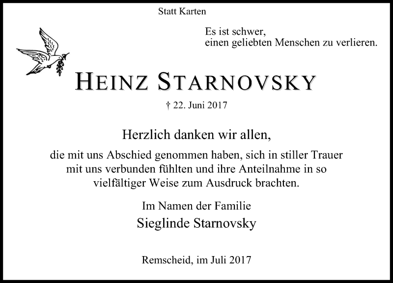  Traueranzeige für Heinz Starnovsky vom 24.07.2017 aus Rheinische Post