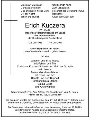 Traueranzeige von Erich Kuczera von Rheinische Post