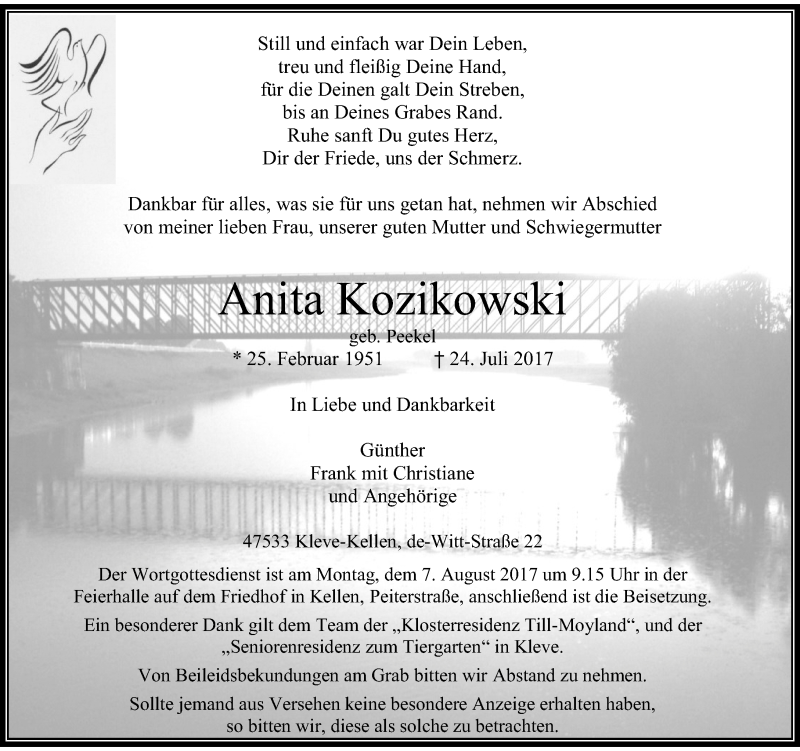  Traueranzeige für Anita Kozikowski vom 29.07.2017 aus Rheinische Post