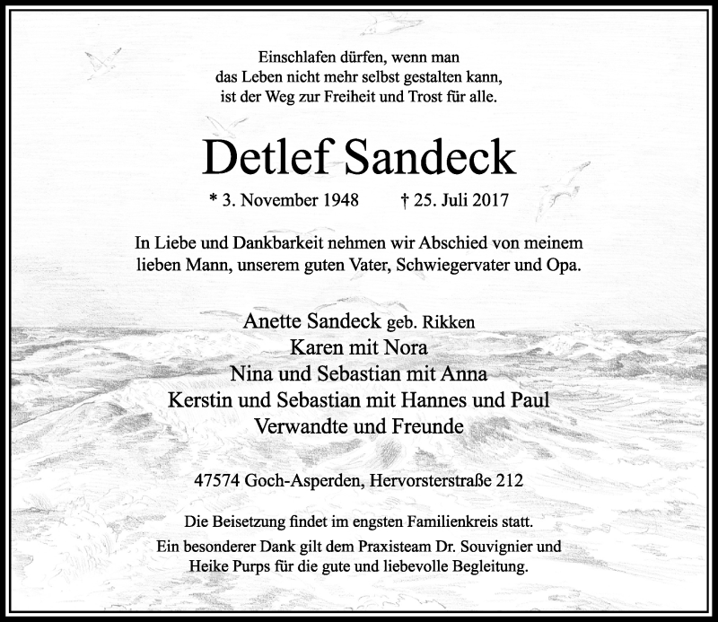  Traueranzeige für Detlef Sandeck vom 28.07.2017 aus Rheinische Post